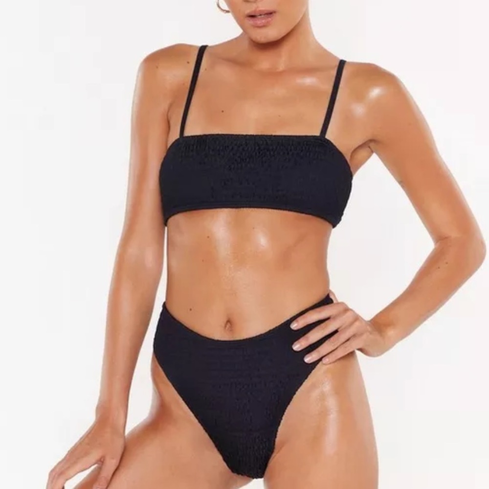 Black Smocked Bandeau Bikini Set - Women